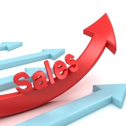 Red curved arrow labeled'Sales' rising over blue arrows, symbolizing sales growth.